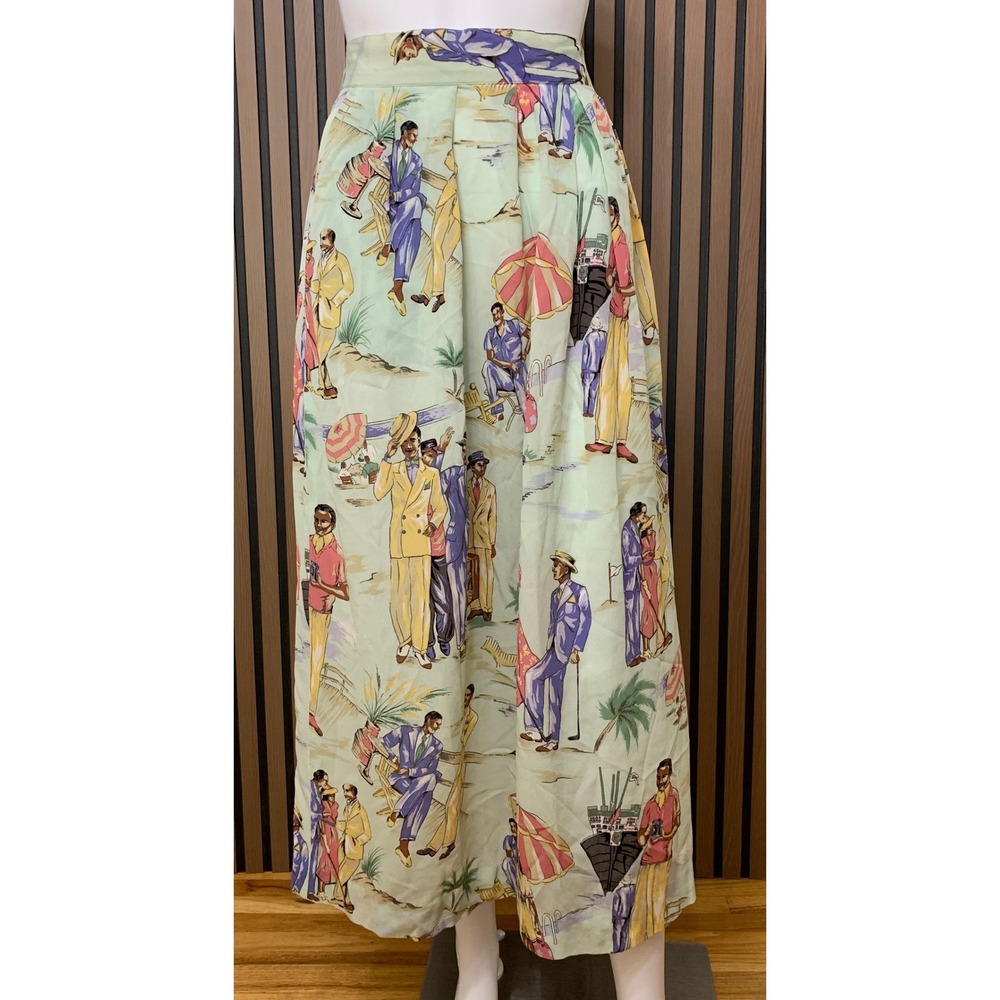 Vintage JG Hook Novelty Print Maxi Skirt Multi Color Beach Scene Rayon Size 16